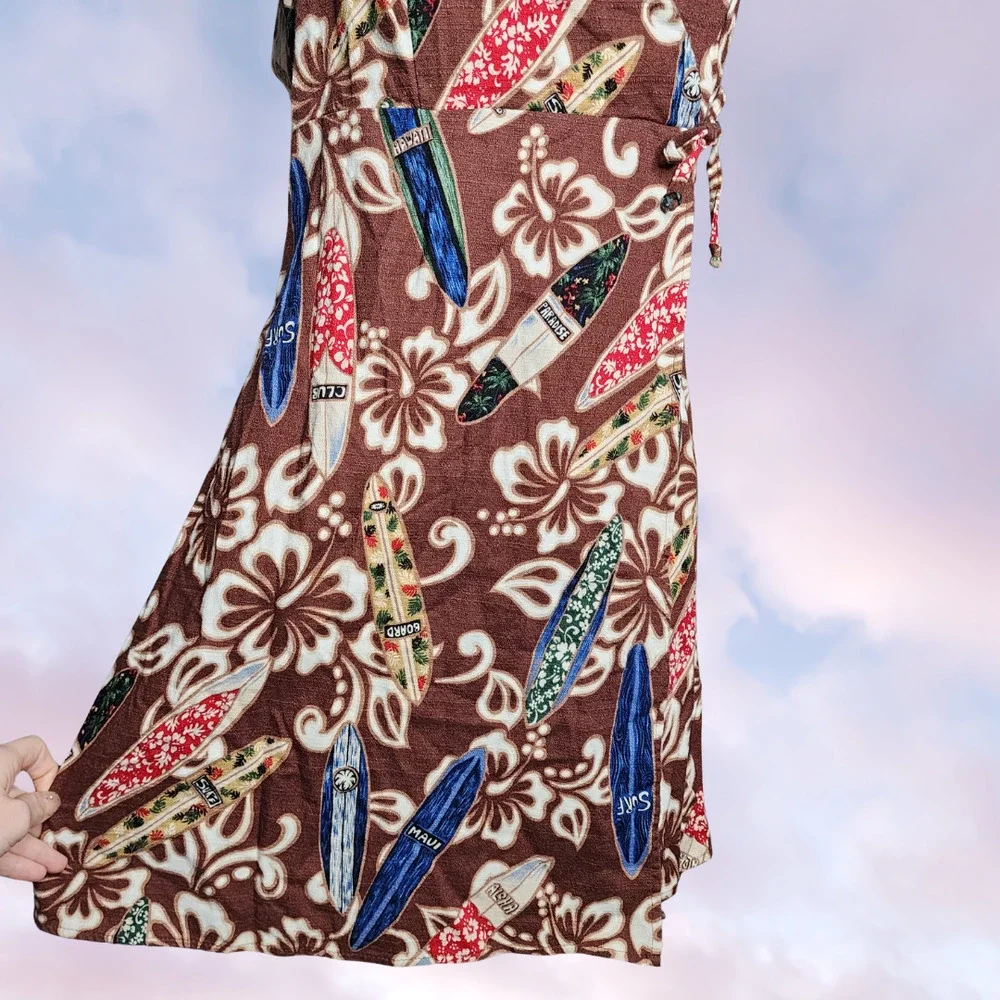 Vtg Hilo Hattie The Hawaiian Original 80's Brown Mini Floral Hibiscus Wrap Dress - Picture 3 of 8